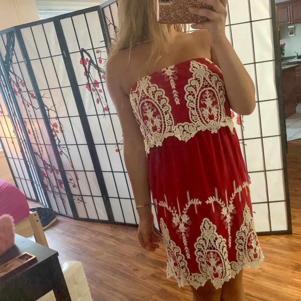 Strapless red crochet summer dress